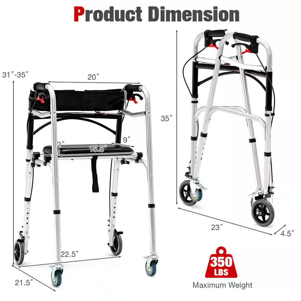 Standard 4-Wheels Rollator Walker 2-Button Folding Walker with 5 In. Wheels Trigger Release for Seniors