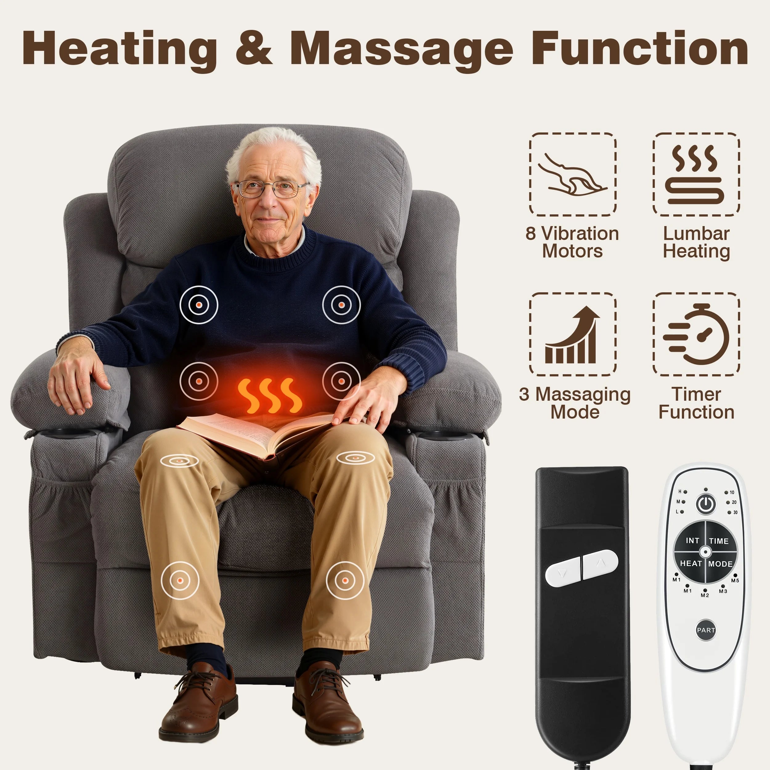 Power Lift Recliner Chair for Elderly, 24.5In Oversized Lift Chair with Massage and Heat up to 350Lbs, 160° Electric Adjustable Power Theater Recliner for Living Room, Gray