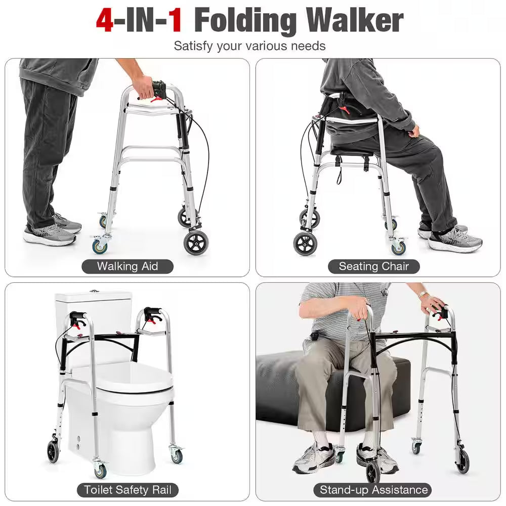 Standard 4-Wheels Rollator Walker 2-Button Folding Walker with 5 In. Wheels Trigger Release for Seniors