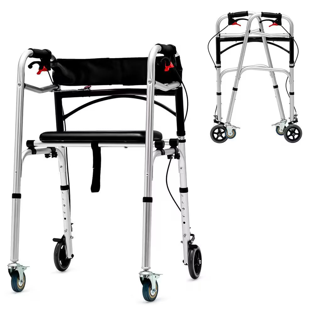 Standard 4-Wheels Rollator Walker 2-Button Folding Walker with 5 In. Wheels Trigger Release for Seniors