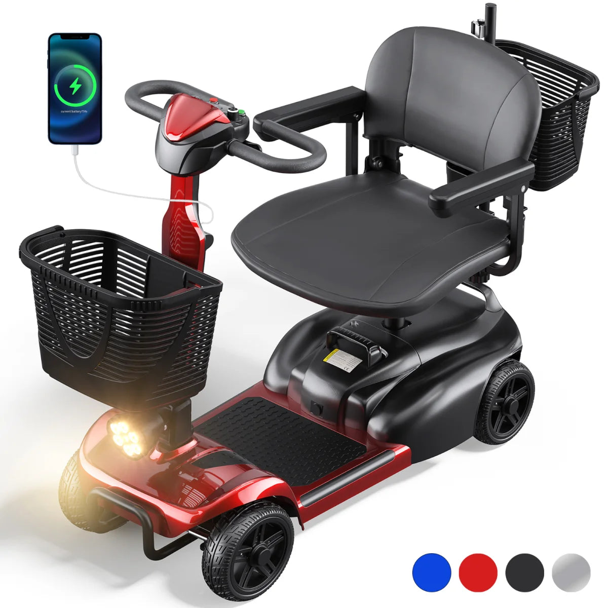 4 Wheels Mobility Scooter with Cane Holder for Seniors, Electric Folding Wheelchair Device for Travel, Red