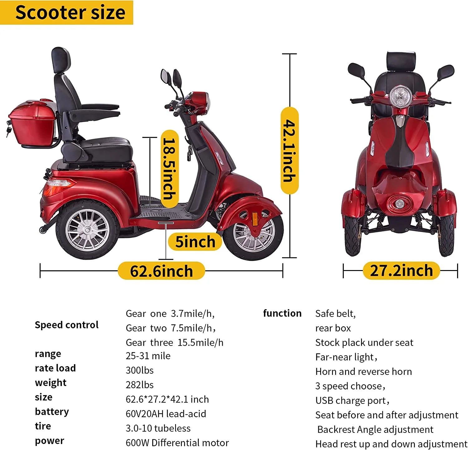 Secure Adjustable Seat 4-Wheel Mobility Scooter with Charger, Red, 310 Lb Limit