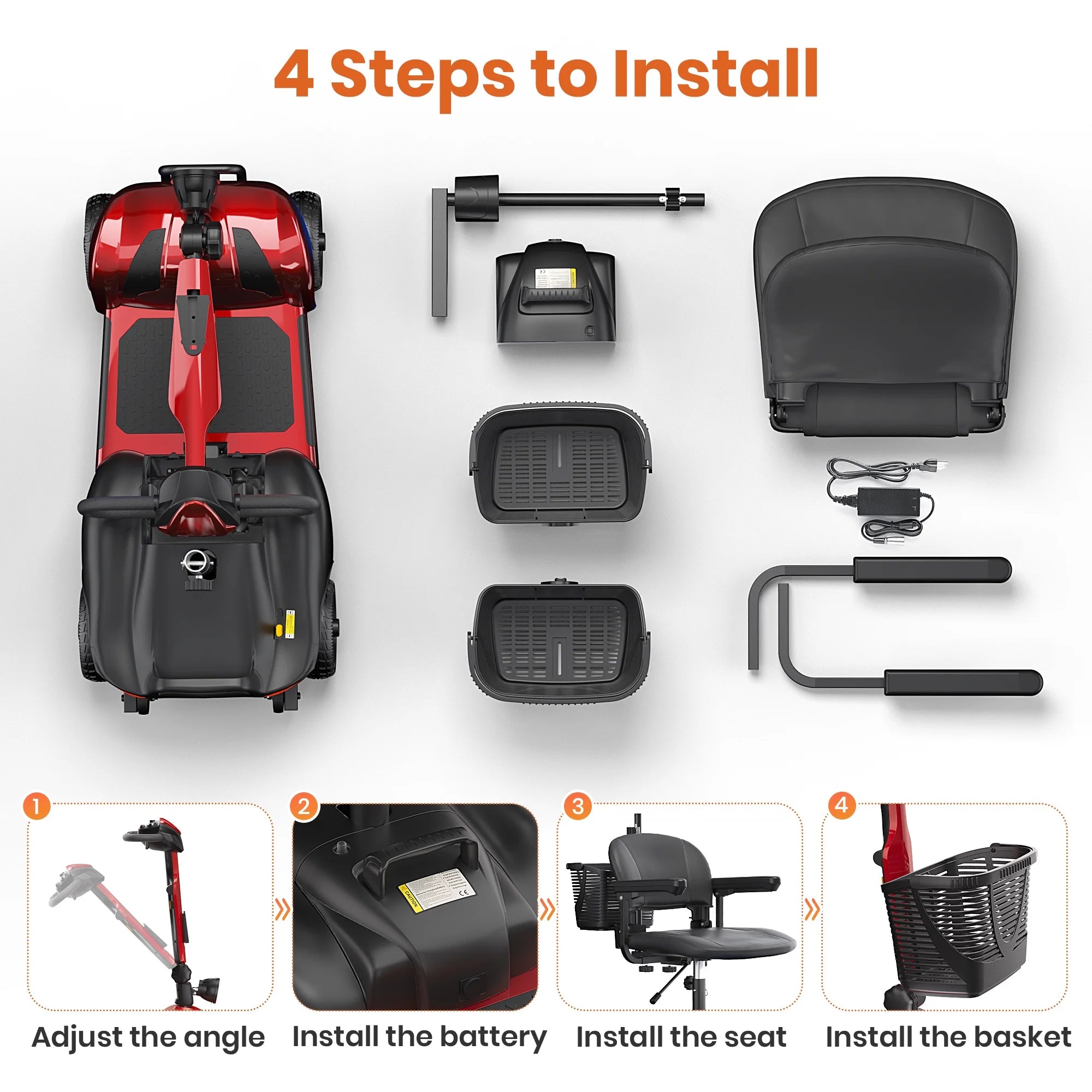 4 Wheels Mobility Scooter with Cane Holder for Seniors, Electric Folding Wheelchair Device for Travel, Red
