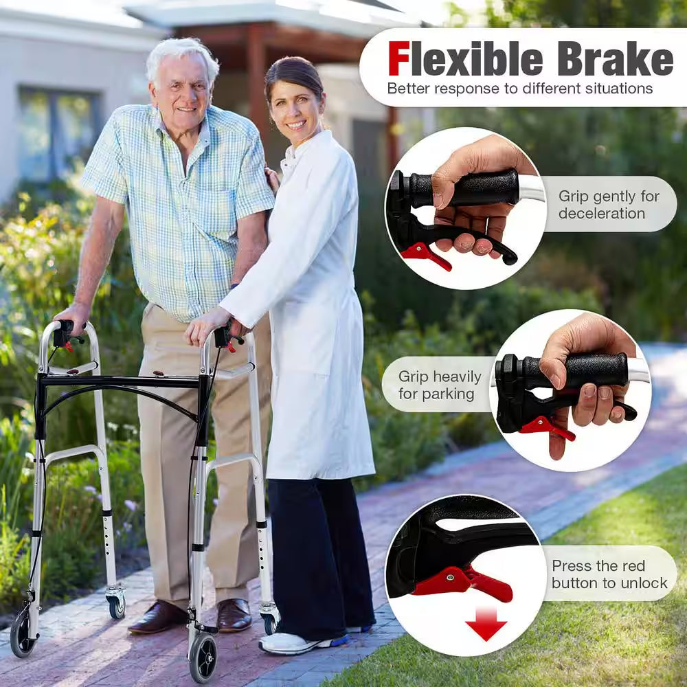 Standard 4-Wheels Rollator Walker 2-Button Folding Walker with 5 In. Wheels Trigger Release for Seniors