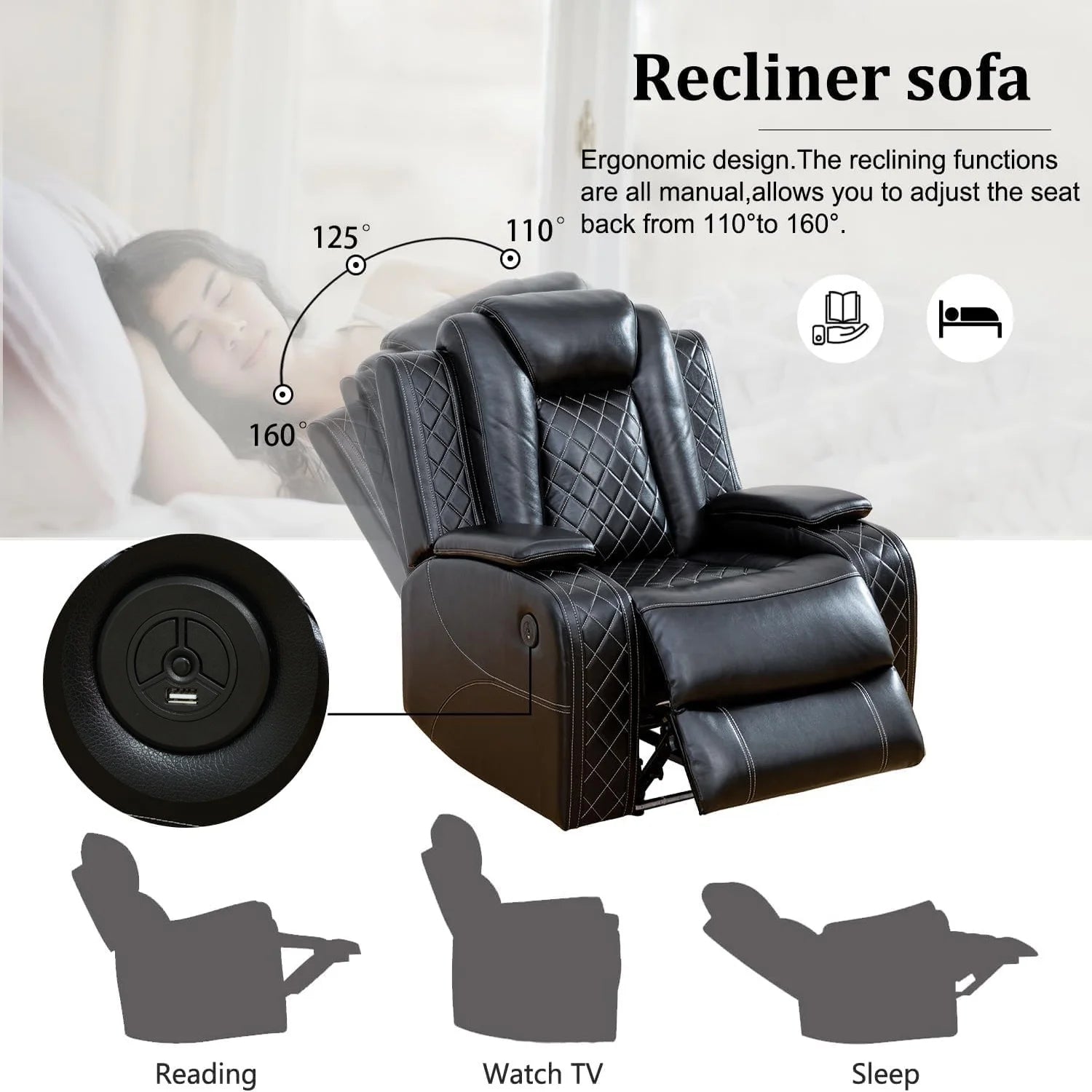 Power Recliner Chair with USB Ports and LED Lights,Home Theater Seating with Hidden Arm Storage,Black