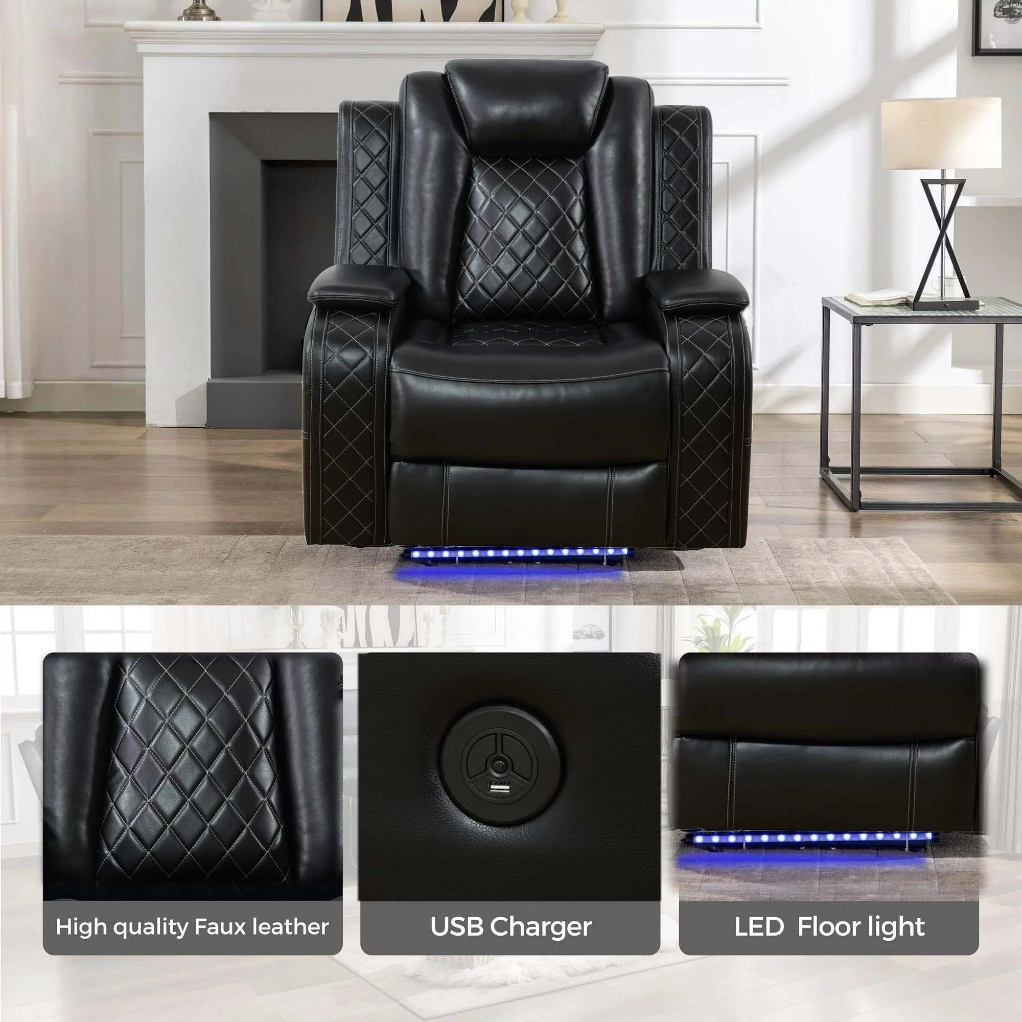Power Recliner Chair with USB Ports and LED Lights,Home Theater Seating with Hidden Arm Storage,Black