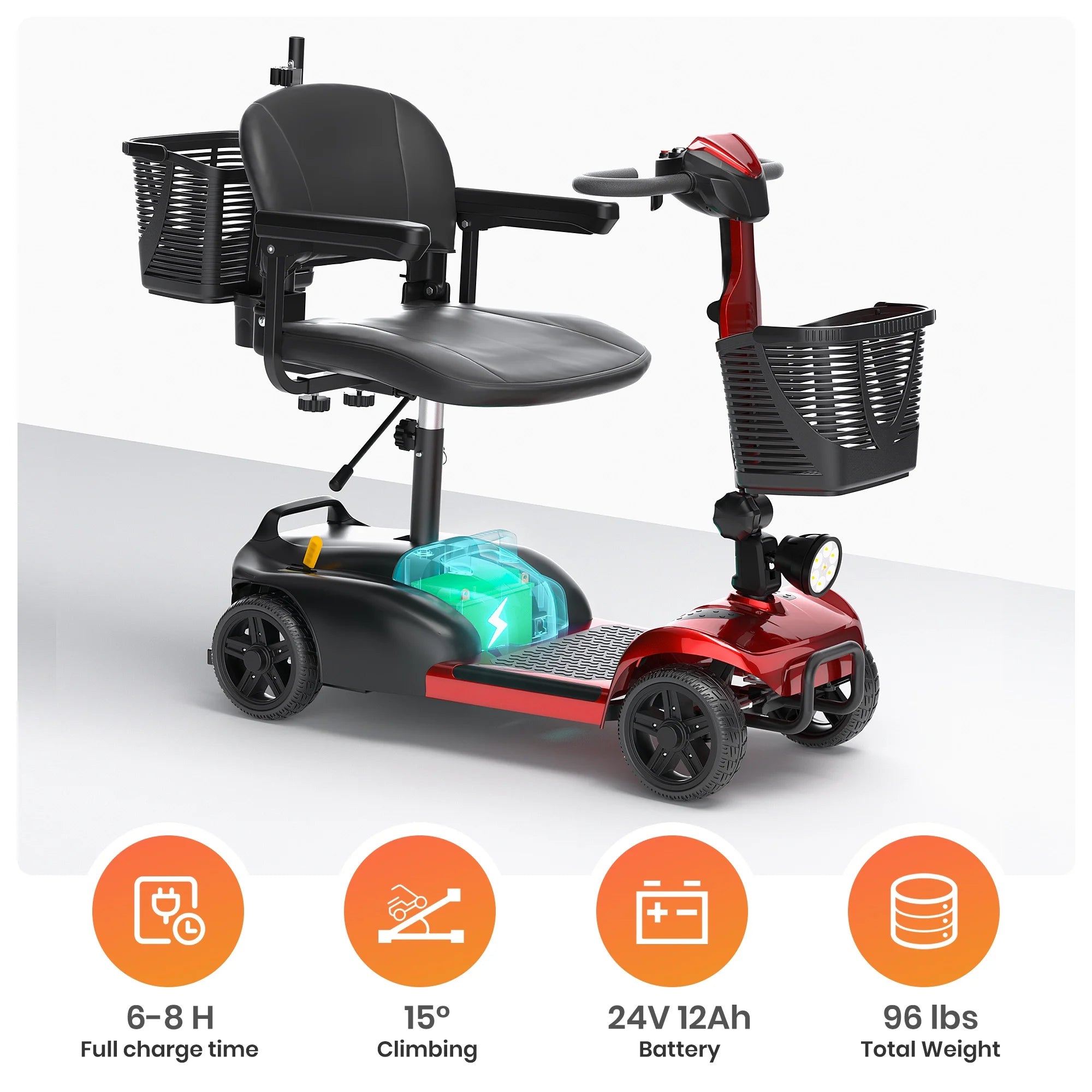 4 Wheels Mobility Scooter with Cane Holder for Seniors, Electric Folding Wheelchair Device for Travel, Red