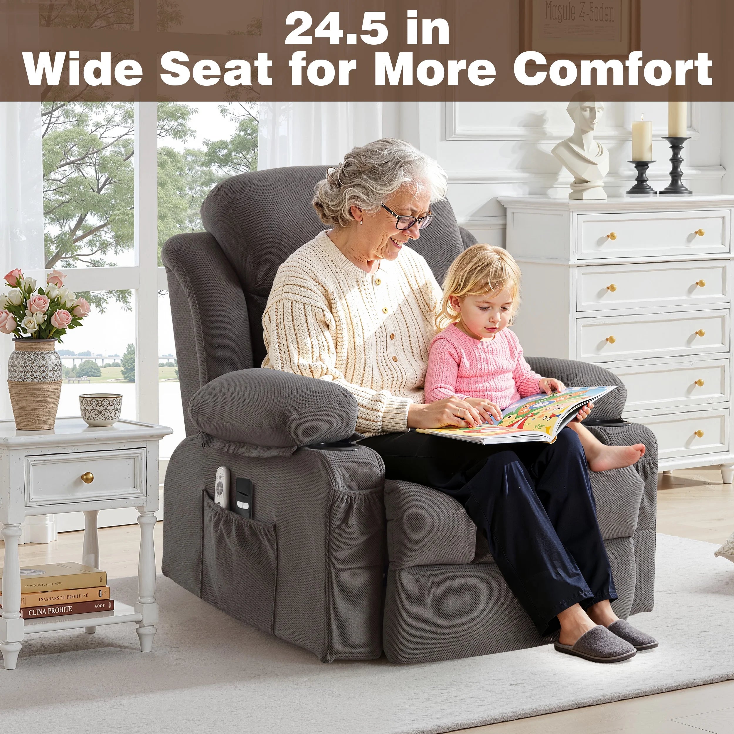 Power Lift Recliner Chair for Elderly, 24.5In Oversized Lift Chair with Massage and Heat up to 350Lbs, 160° Electric Adjustable Power Theater Recliner for Living Room, Gray