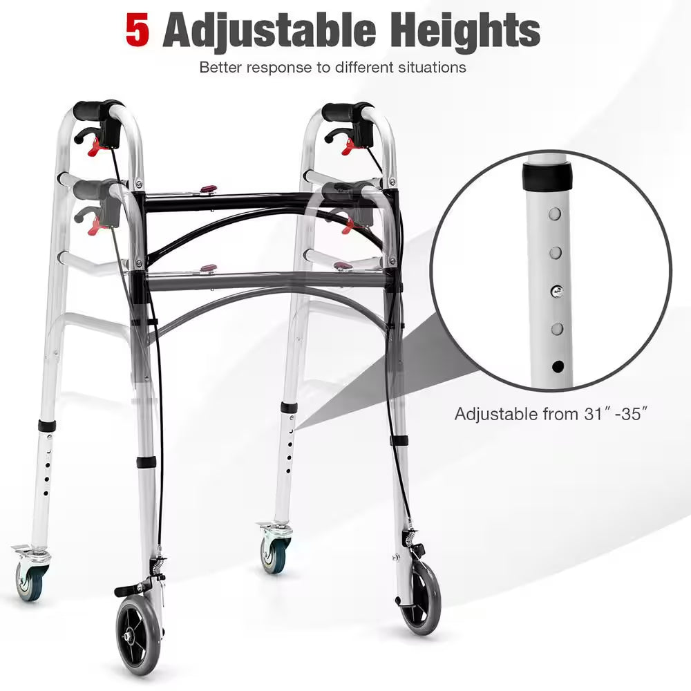 Standard 4-Wheels Rollator Walker 2-Button Folding Walker with 5 In. Wheels Trigger Release for Seniors