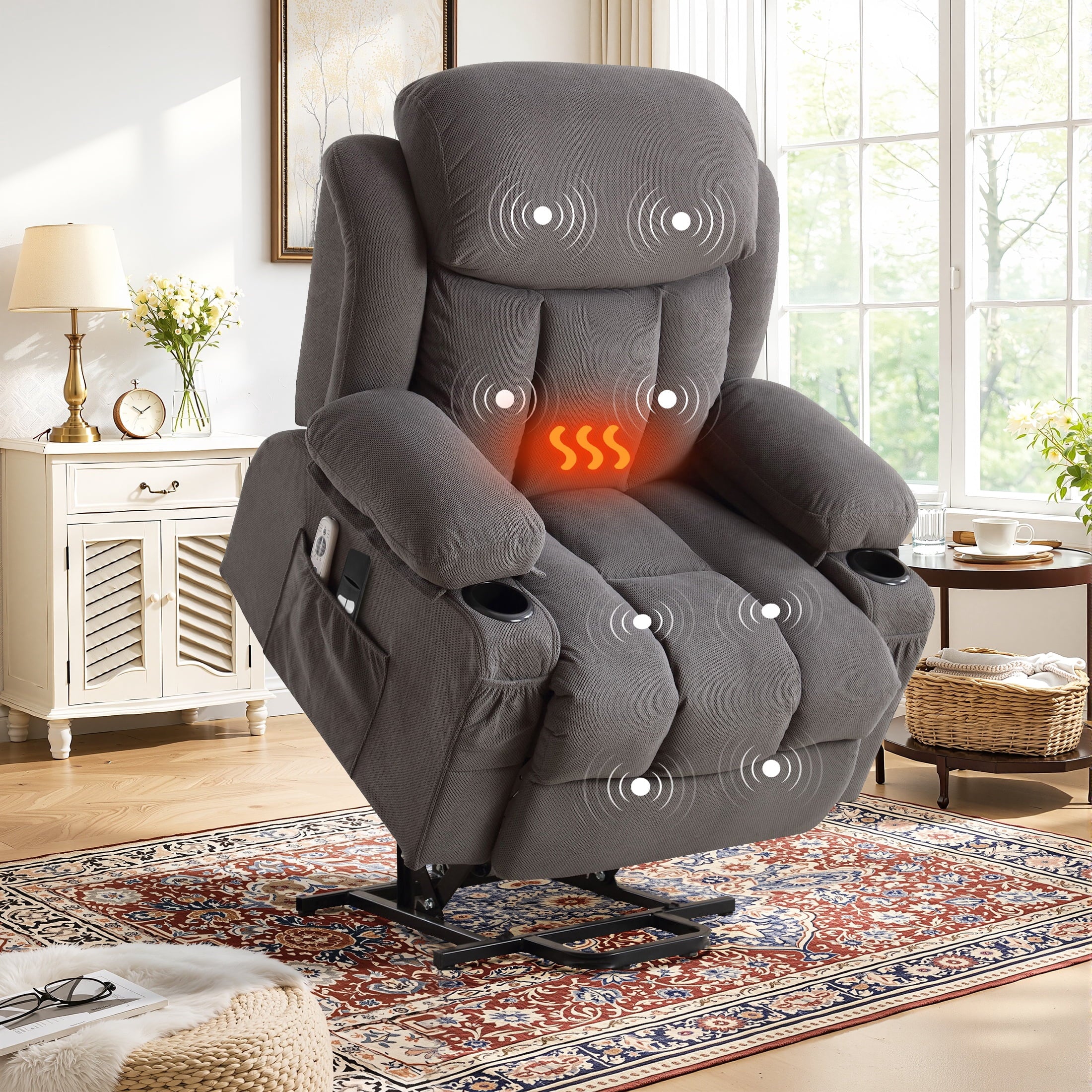 Power Lift Recliner Chair for Elderly, 24.5In Oversized Lift Chair with Massage and Heat up to 350Lbs, 160° Electric Adjustable Power Theater Recliner for Living Room, Gray