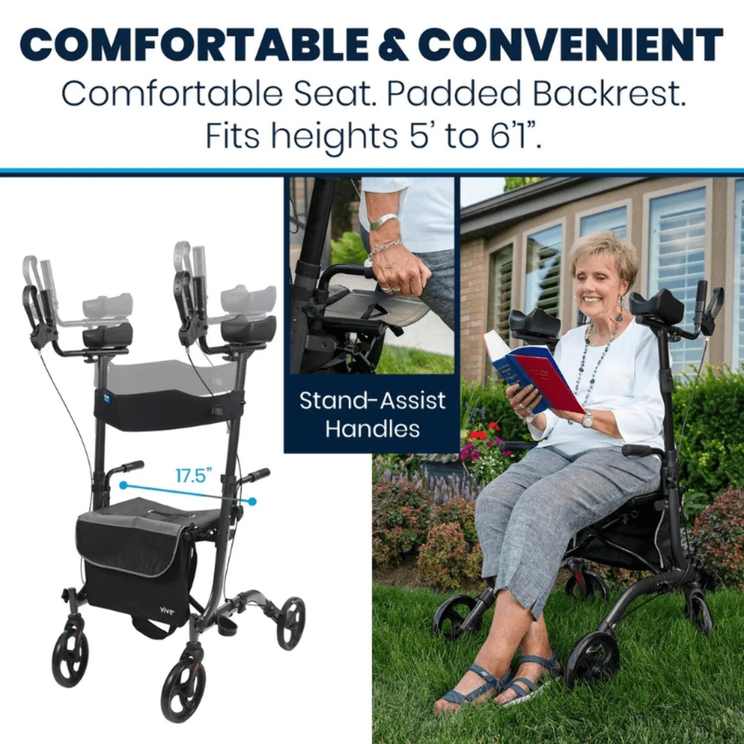 Upright Walker with Seat for Seniors – Folding Stand up Rollator Walker, Heavy Duty Medical Mobility Aid with Arm Rests for Elderly Women and Men, Red