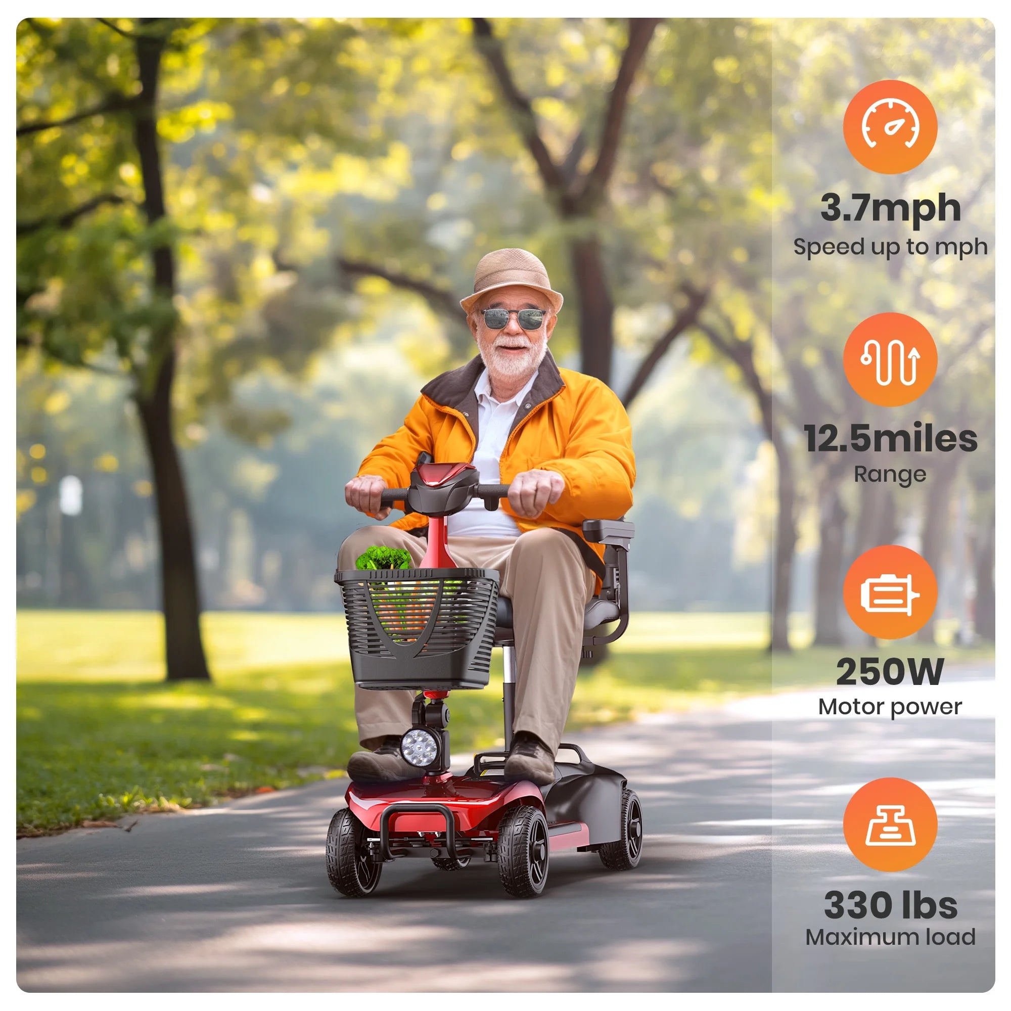 4 Wheels Mobility Scooter with Cane Holder for Seniors, Electric Folding Wheelchair Device for Travel, Red