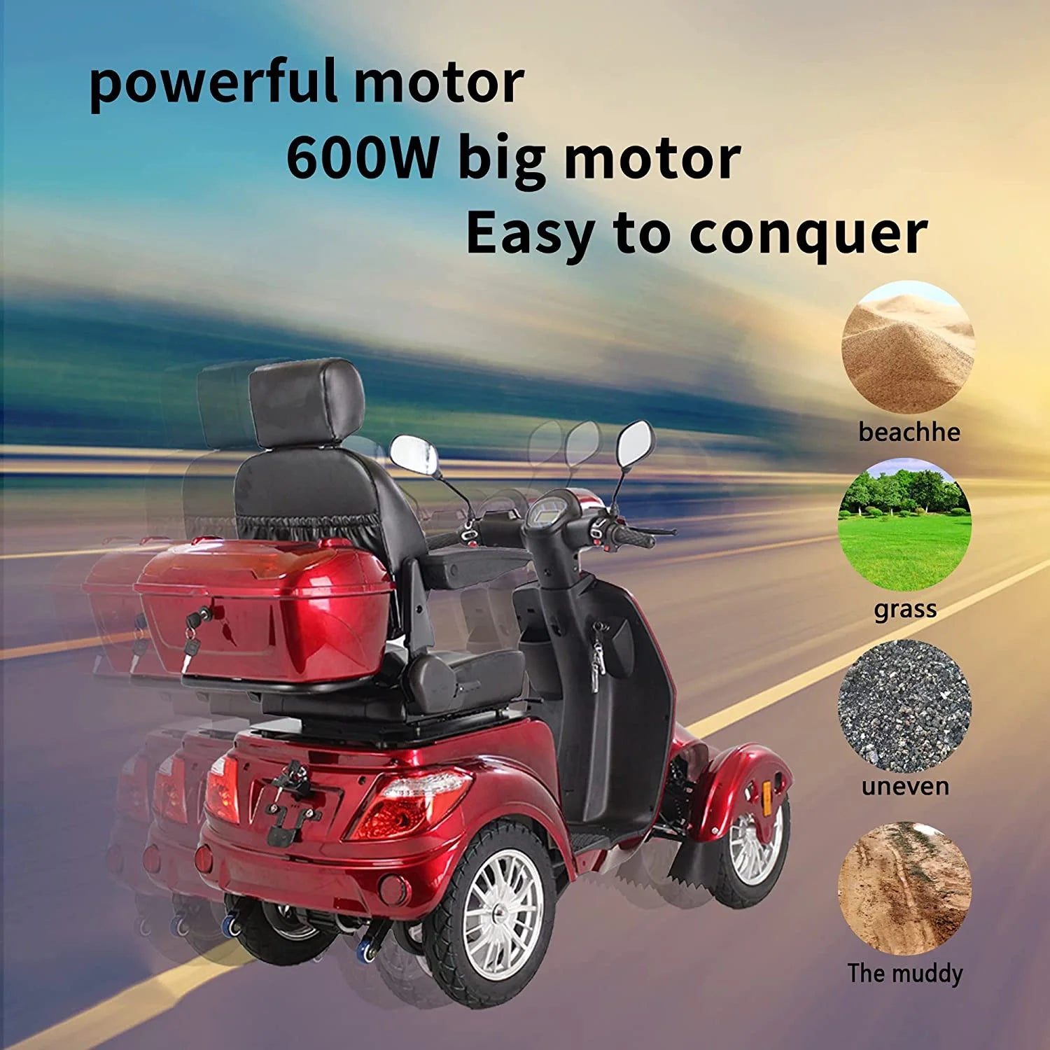 Secure Adjustable Seat 4-Wheel Mobility Scooter with Charger, Red, 310 Lb Limit