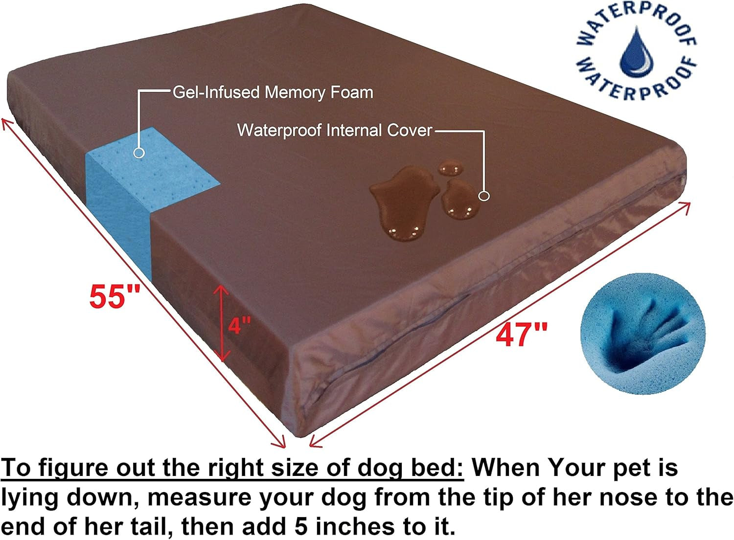 Premium Orthopedic Memory Foam Pet Bed for Extra Large Dogs, Washable Durable Denim Cover, Waterproof Liner and Extra Case, Jumbo 55"X47"X4", Brown