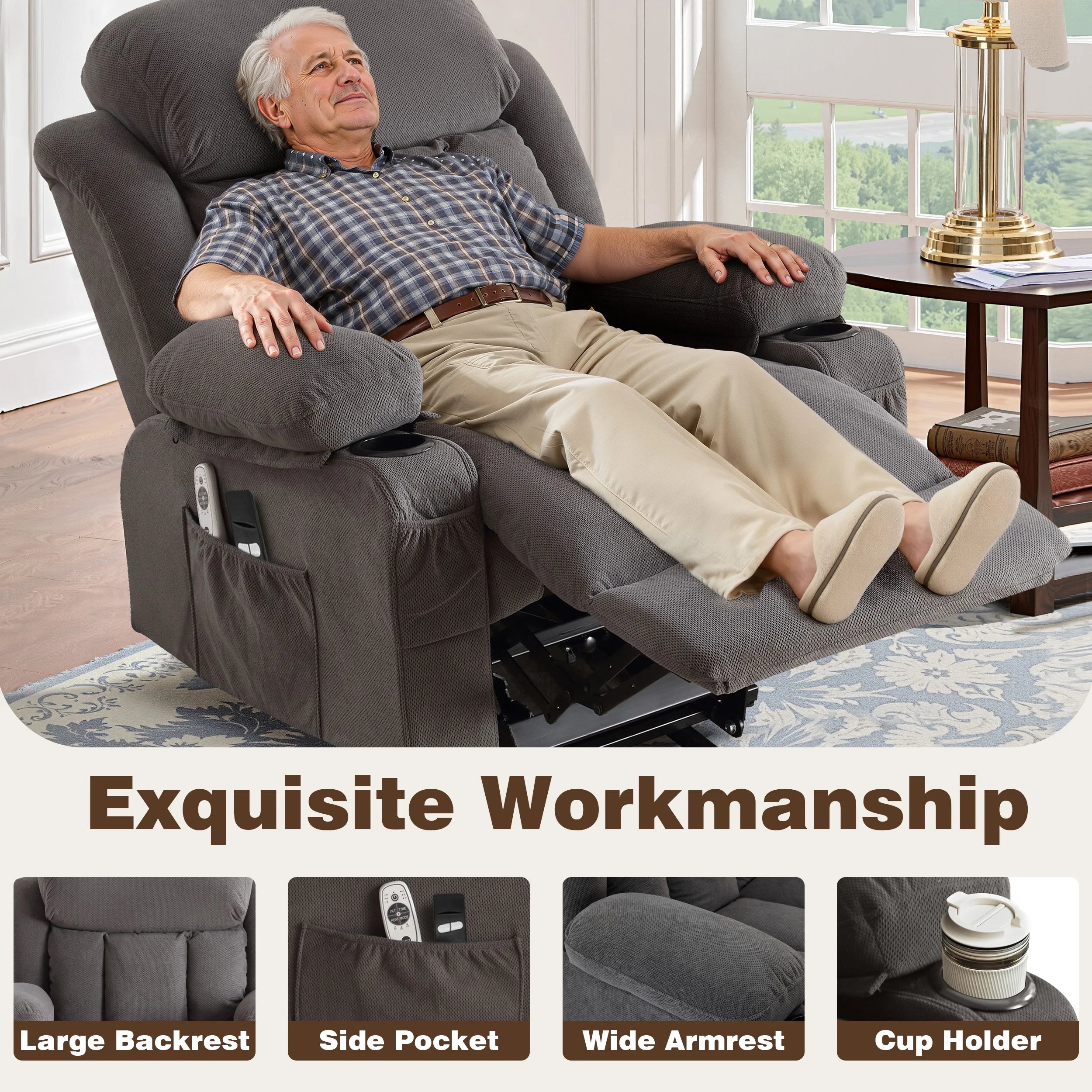 Power Lift Recliner Chair for Elderly,  24.5In Oversized Lift Chair with Massage and Heat up to 350Lbs, 160° Electric Adjustable Power Theater Recliner for Living Room, Gray