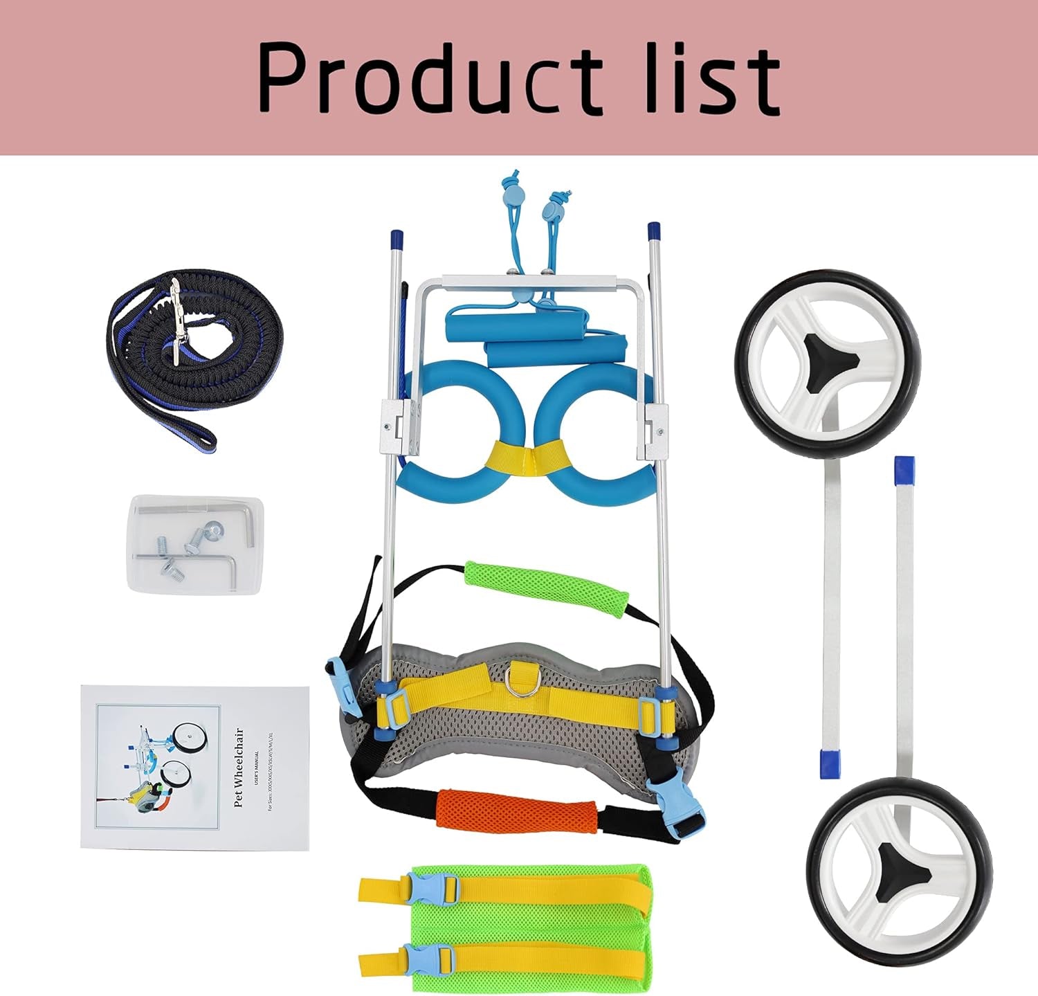 Dog Wheelchair for Handicapped Hind Legs, Two Wheels, Adjustable, 7 Sizes, Green, Blue