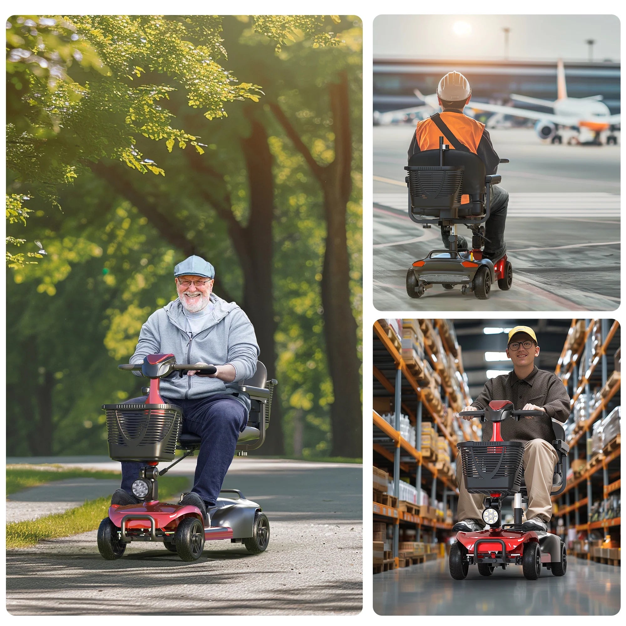4 Wheels Mobility Scooter with Cane Holder for Seniors, Electric Folding Wheelchair Device for Travel, Red