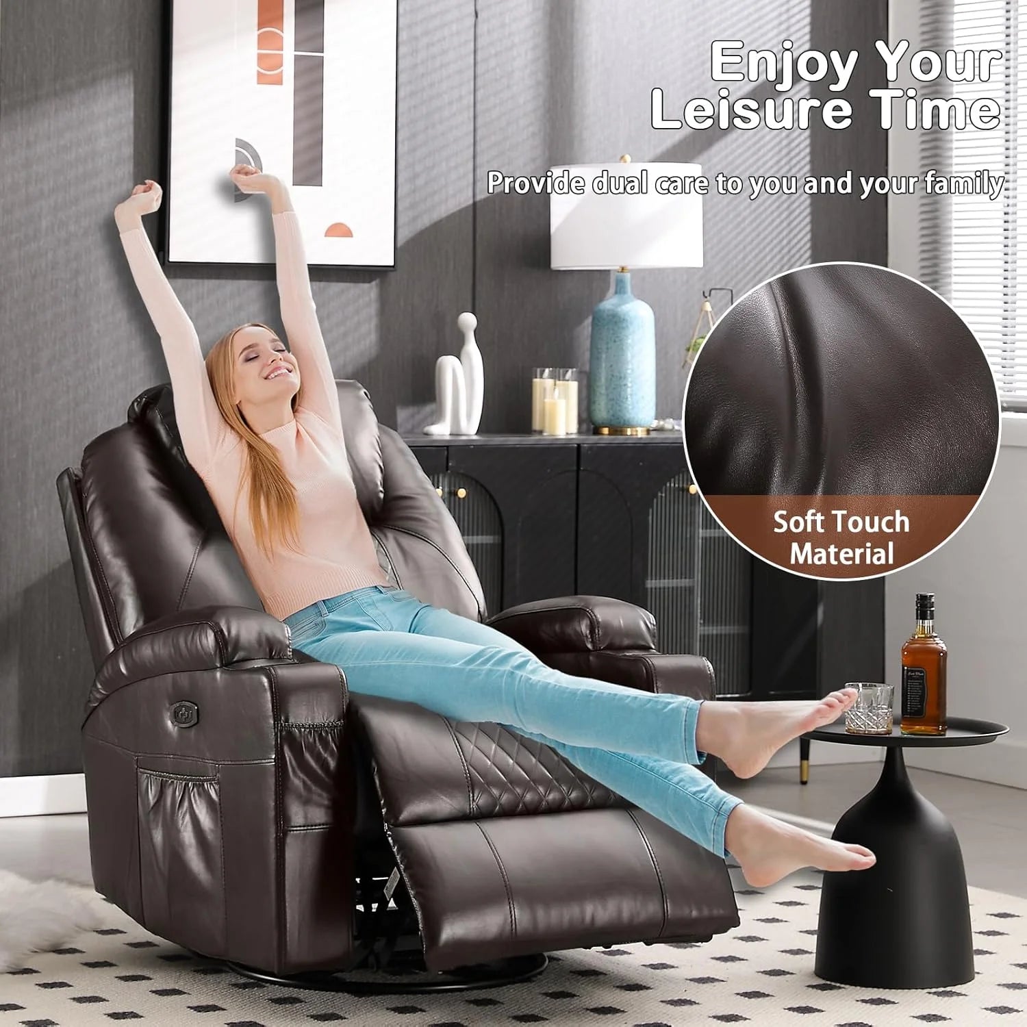 Recliner Rocking Chair, 270° Swivel Rocker Chairs with Massage and Heat, Lazy Boy Recliner Chair with Remote Control / Cup Holder for Living Room, Bedroom, Brown