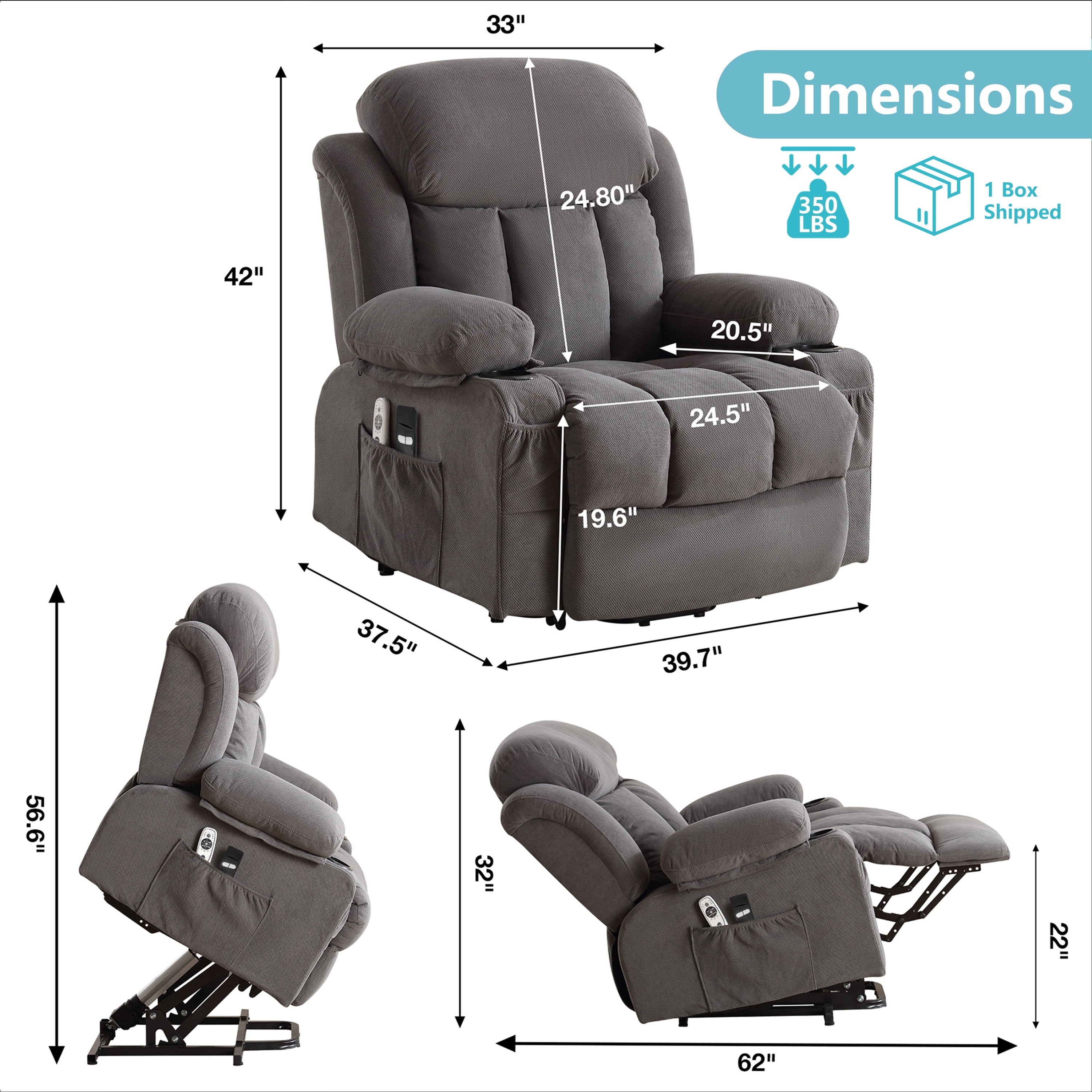 Power Lift Recliner Chair for Elderly,  24.5In Oversized Lift Chair with Massage and Heat up to 350Lbs, 160° Electric Adjustable Power Theater Recliner for Living Room, Gray
