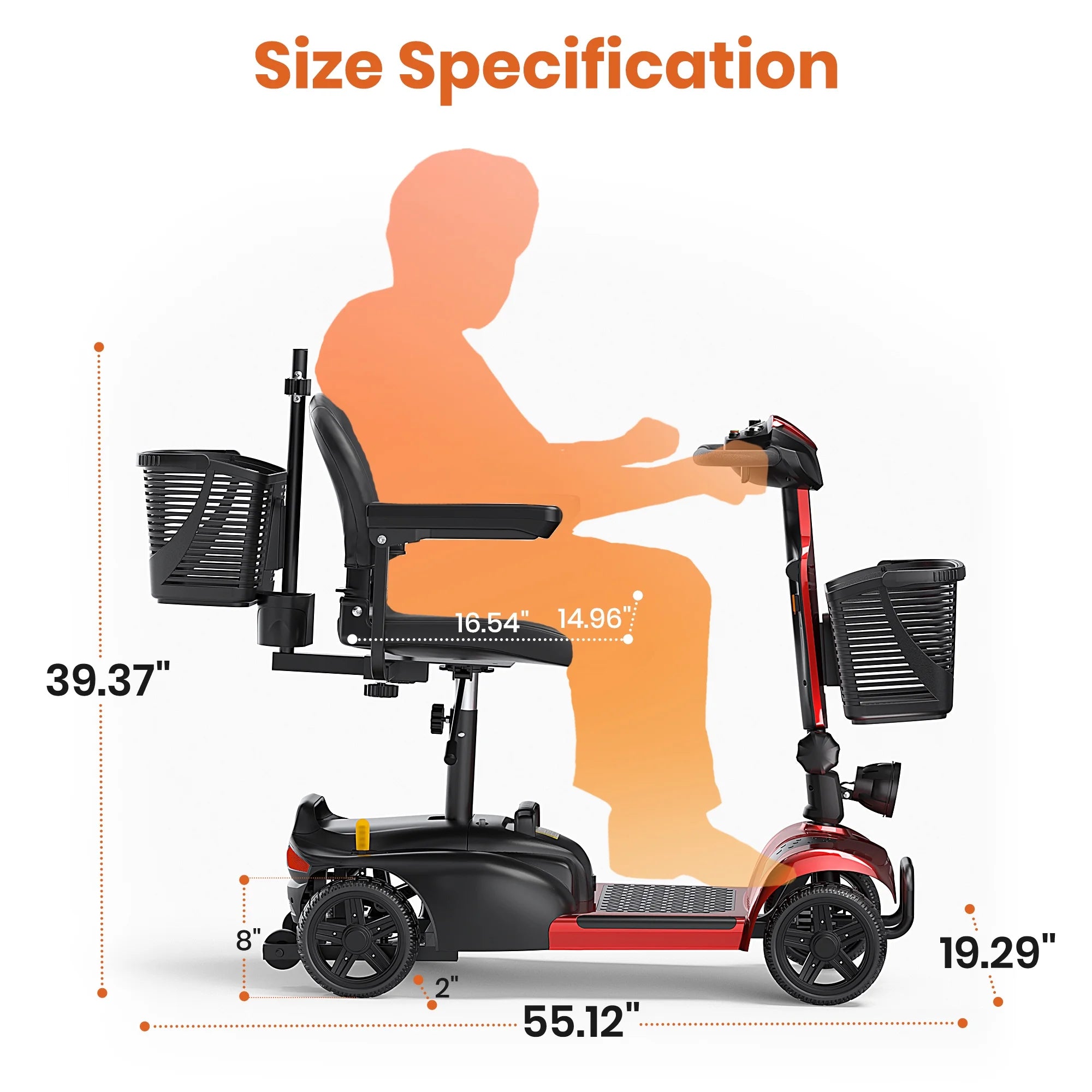 4 Wheels Mobility Scooter with Cane Holder for Seniors, Electric Folding Wheelchair Device for Travel, Red