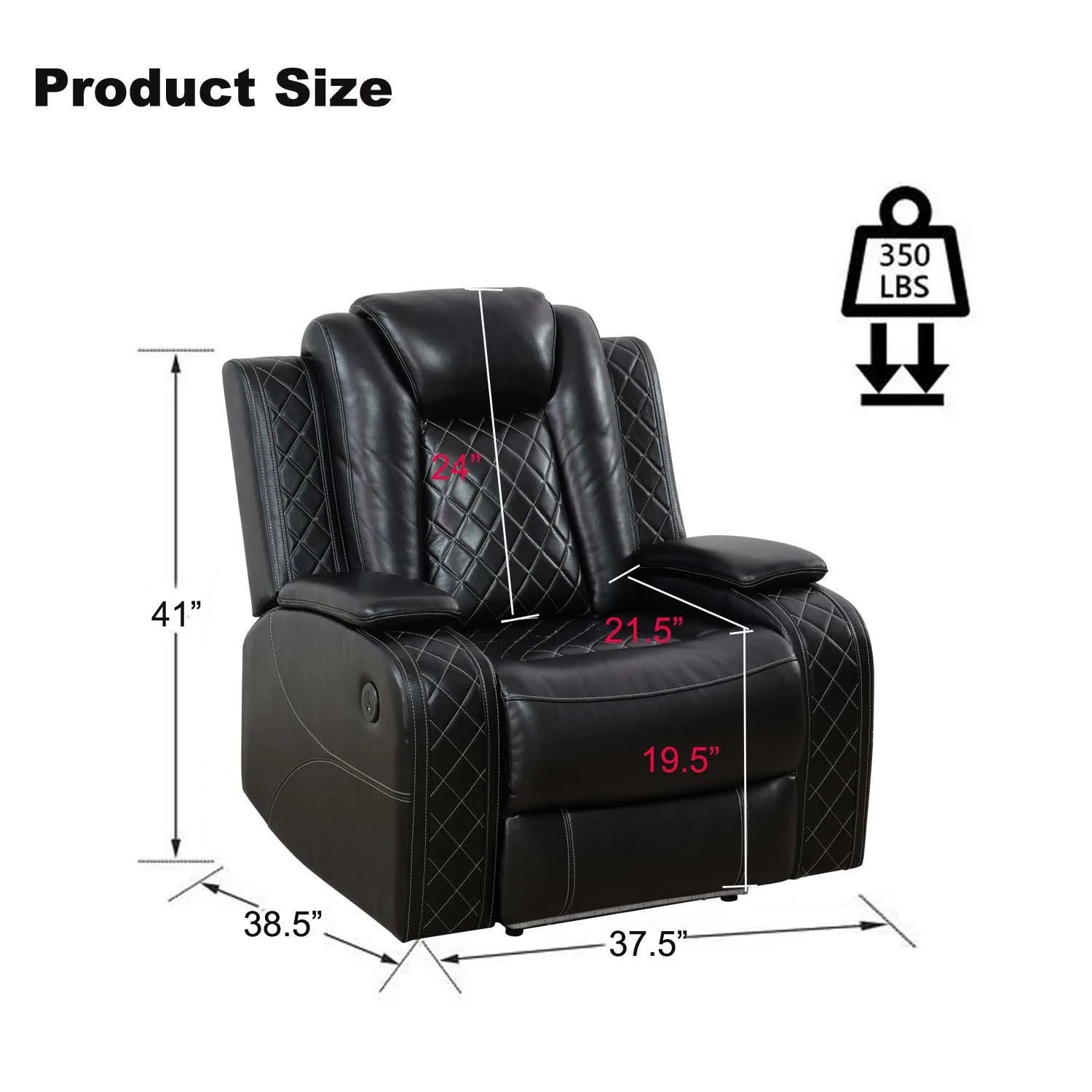 Power Recliner Chair with USB Ports and LED Lights,Home Theater Seating with Hidden Arm Storage,Black
