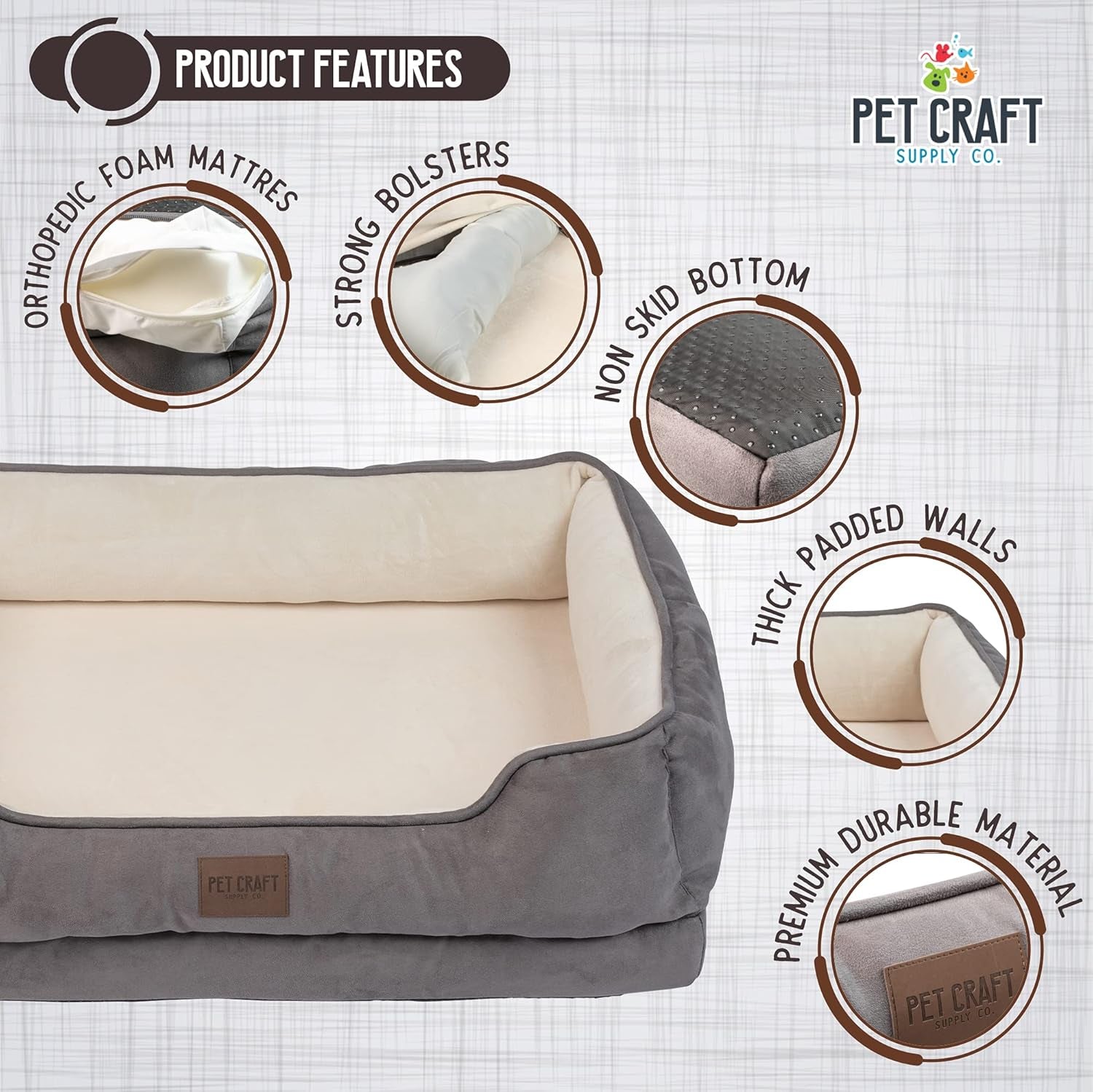 Premium Orthopedic Lounger Dog Bed Sofa Style Couch Removable Washable Cover Joint Arthritis Relief Bolster Headrest Pet Bed for Small Dogs Medium Large Breed Dogs, Cream (8730)